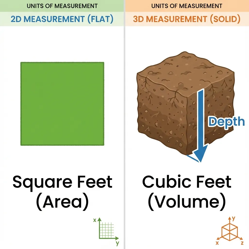 Comparison of Square Feet (Area) vs Cubic Feet (Volume) showing depth as the third dimension