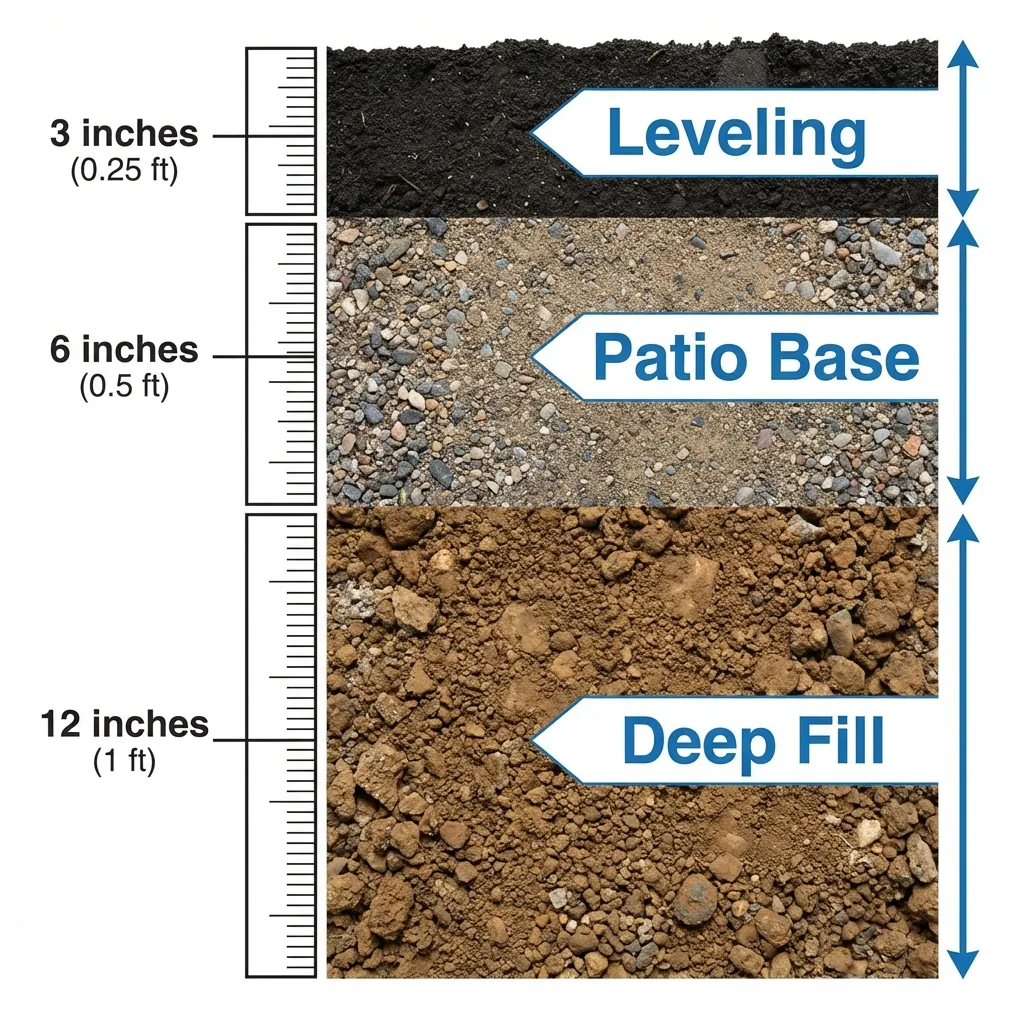 Cross-section depth chart showing 3 inches, 6 inches, and 12 inches of fill dirt