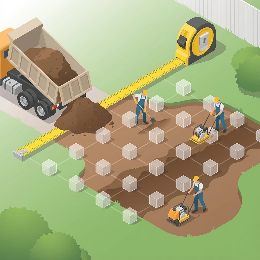 Professional yard leveling project showing fill dirt measurement and placement