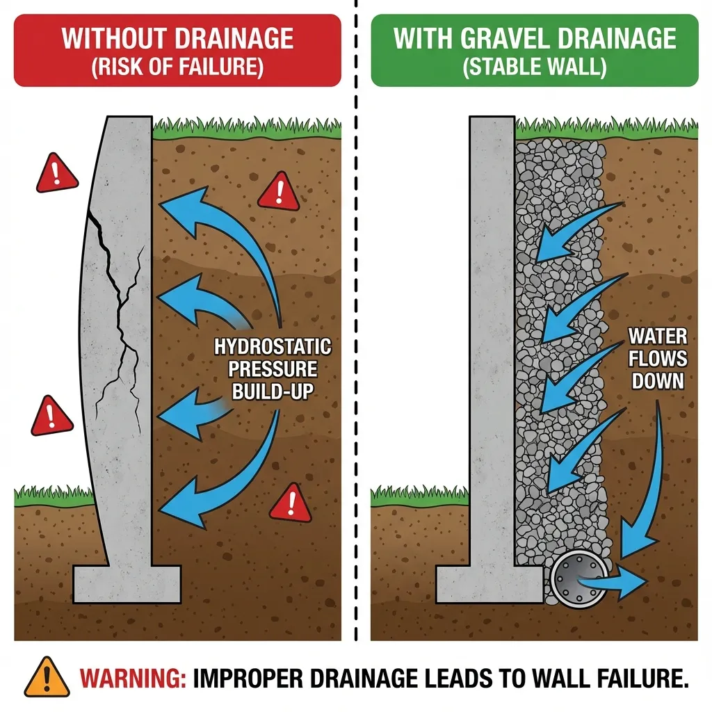 Hydrostatic Pressure Diagram showing wall failure vs proper drainage