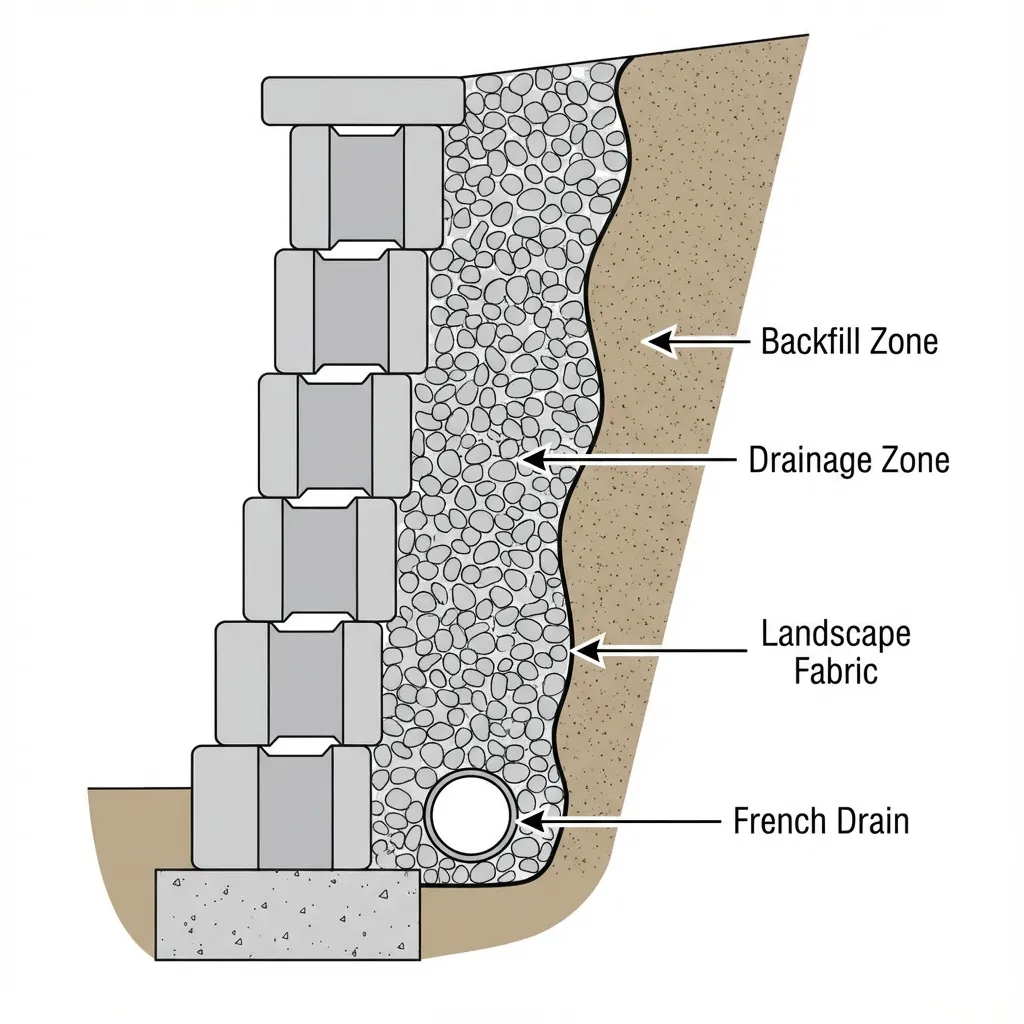 Cross section of a retaining wall backfill zones