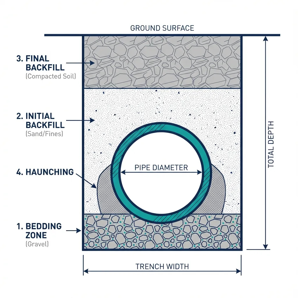 Diagram of trench backfill zones: bedding, haunching, initial and final backfill